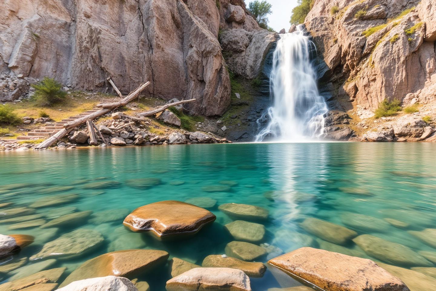Waterfall falling into a turquoise lake surrounded by rock walls