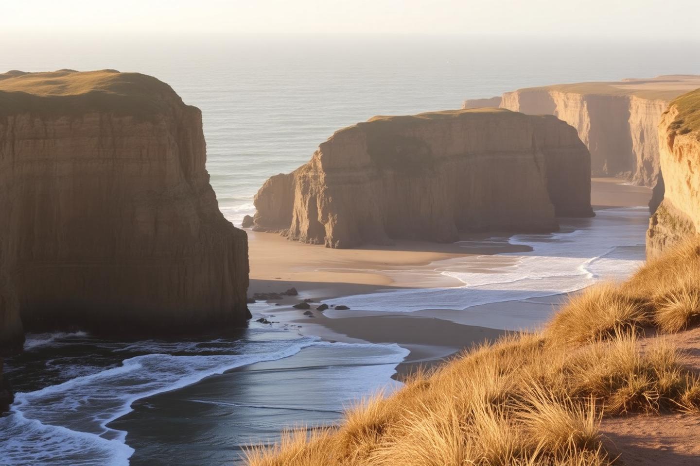 Sedimentary rock cliffs with a light-sand beach and dune vegetation in the foreground