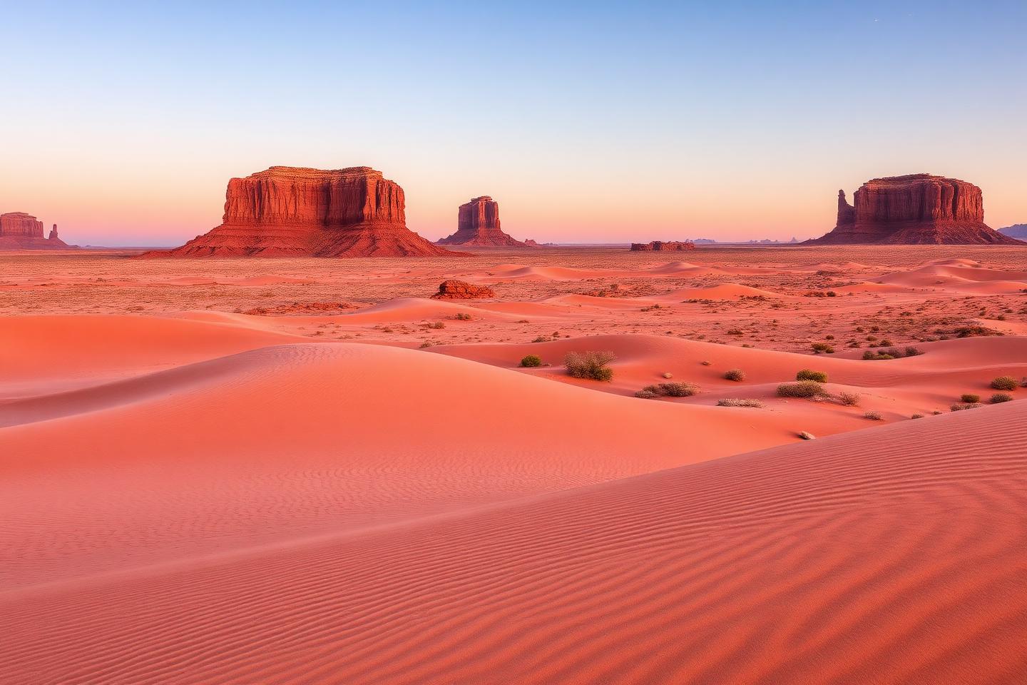 Reddish sand dunes with isolated rock formations in the background at dusk