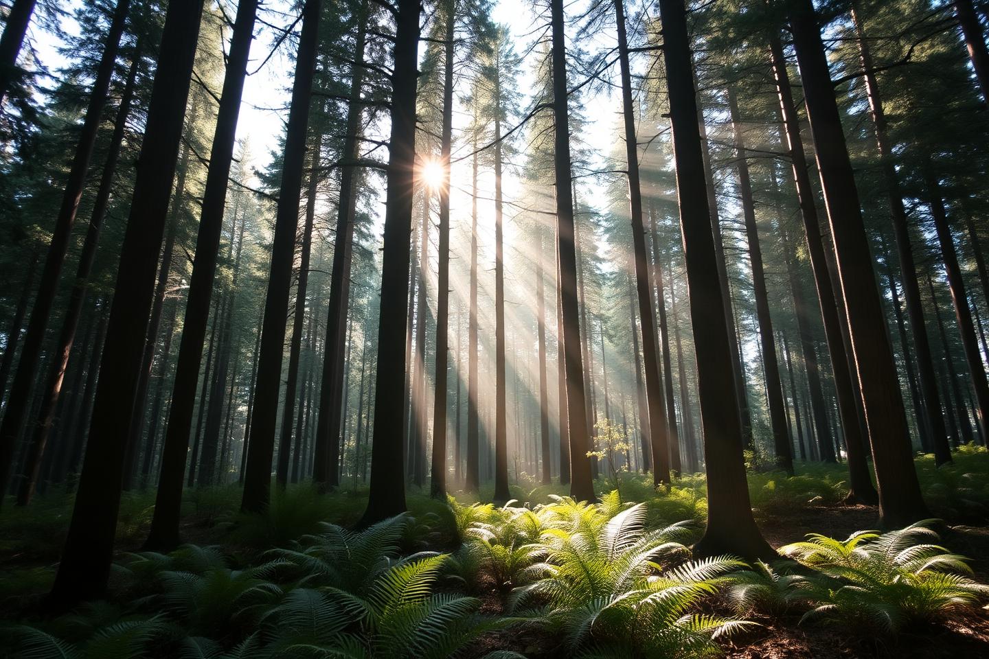 Forest interior with tall trunks, rays of sunlight piercing the canopy, and ferns on the ground