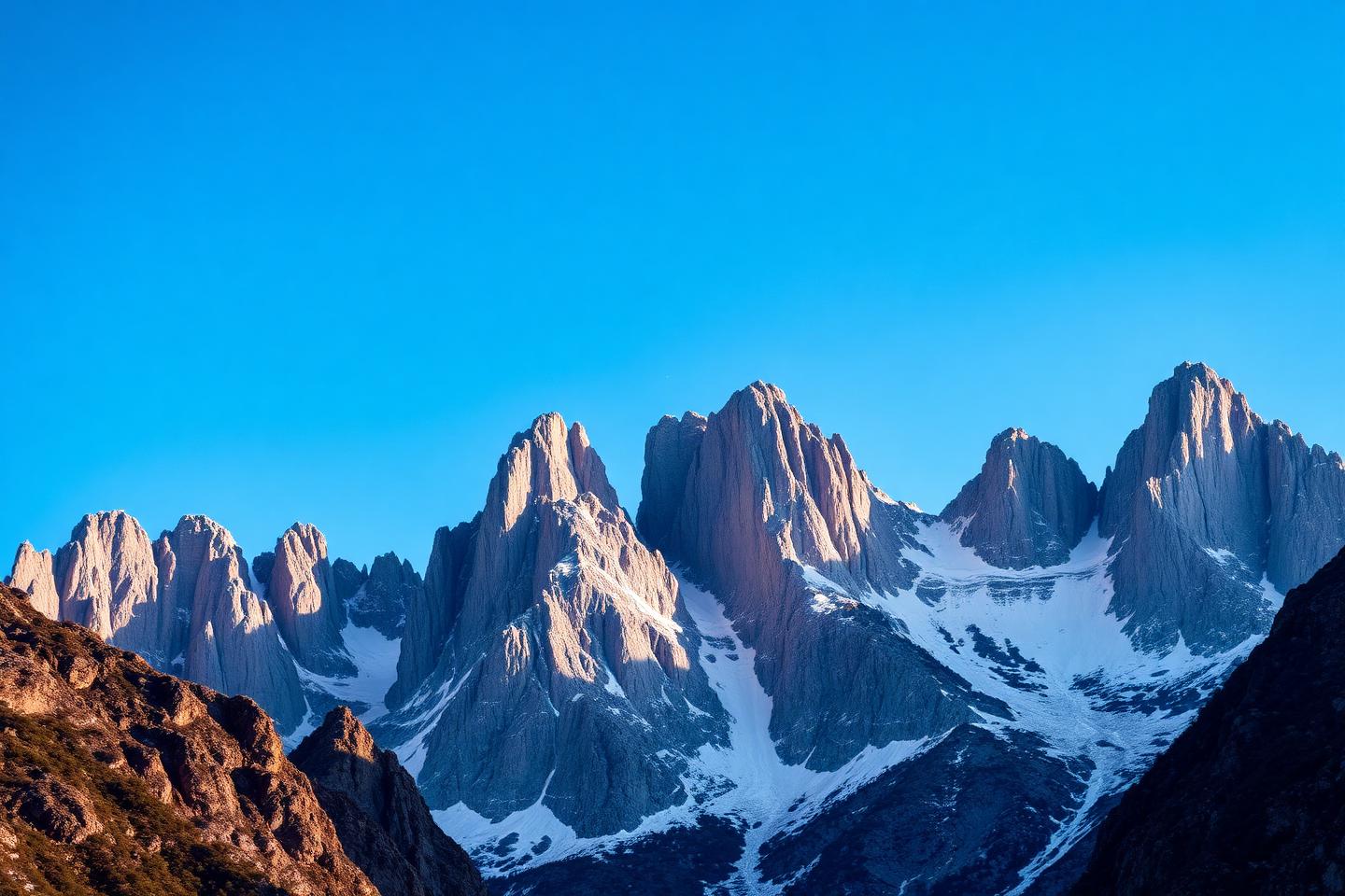 A range of rocky peaks with snow on the upper slopes under a clear sky