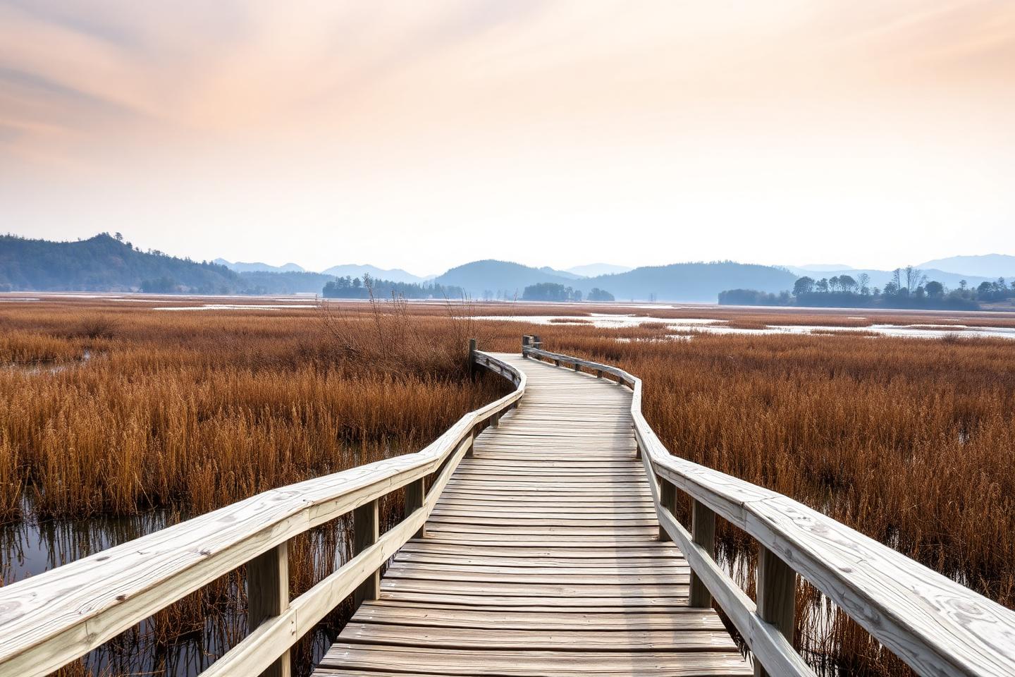 Wooden walkway crossing a wetland with reeds and hills in the background