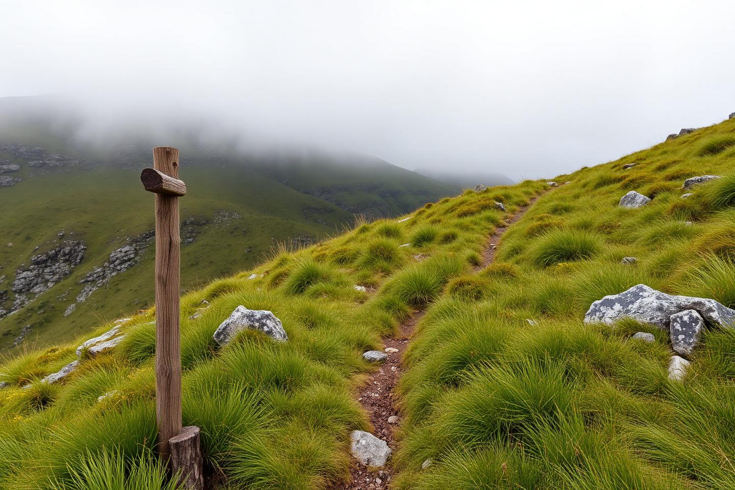 Narrow dirt trail climbing a grass-covered slope with mist in the background